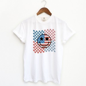 Simply Sage Market Women's Checkered Patriotic Smiley Face Short Sleeve Garment Dyed Tee - 1 of 2