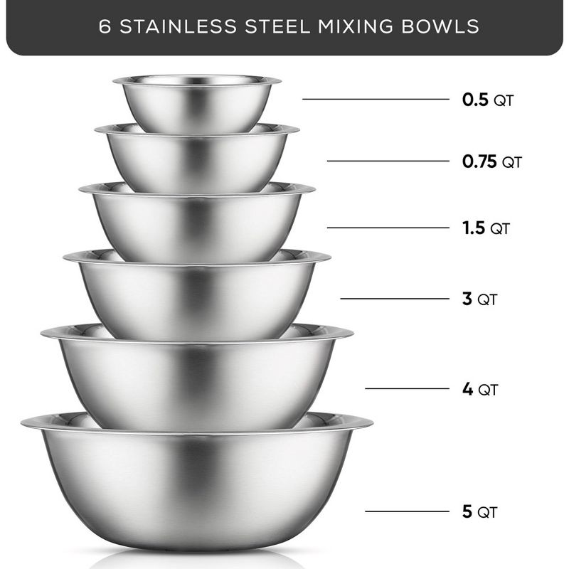 JoyJolt Stainless Steel Food Mixing Bowl Set of 6 Kitchen Mixing Bowls - Silver, 3 of 7