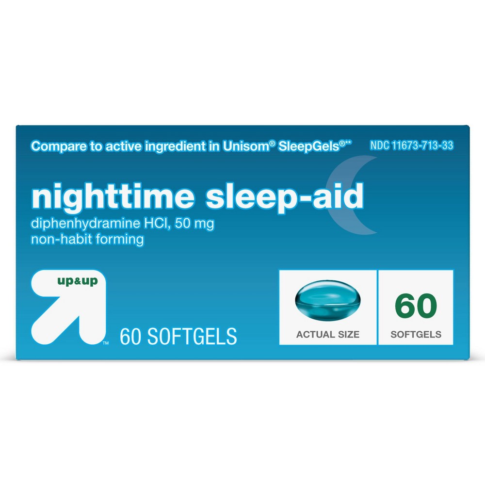 Diphenhydramine HCl Maximum Strength Nighttime Sleep Aid Softgels - 60ct - up & up Compare to the active ingredient of Unisomae SleepGelsae. Use Nighttime Sleep Aid for when you have difficulty falling asleep. Nighttime Sleep Aid softgels contain the active ingredient diphenhydramine hydrochloride 50 mg. Non-habit forming. Made in Canada. If you’re not satisfied with any Target Owned Brand item, return it within one year with a receipt for an exchange or a refund. Size: 60ct.