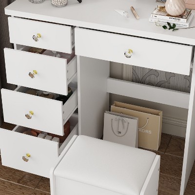 White Wood Makeup Vanity Set with LED Mirror and Stool