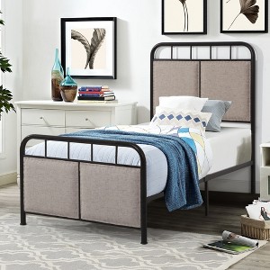 Racxily Twin Upholstered Bed Frame, Linen Fabric Headboard & Footboard with Metal Platform - 1 of 4