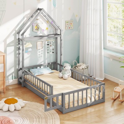 Safstar Twin Size House Floor Bed w/House-shaped Headboard Clothes Hanger without Slats