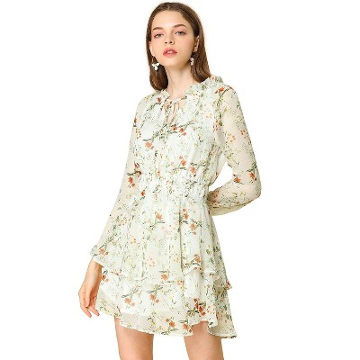 Allegra K Women's Floral Smocked Waist Tie Neck Layered Chiffon Mini Dress