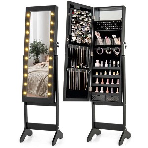 Costway LED Mirror Jewelry Cabinet with 20 LED Lights Full-Length Mirror Adjustable Angles White/Brown/Black - 1 of 4
