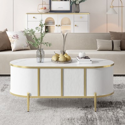 Vynxaria Modern Luxury Oval Fluted Coffee Table, Marble-patterned Top Coffee Table with 2 Cabinets, Metal Legs and Handles for Living Room, White
