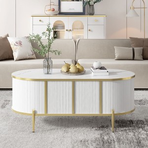 Vynxaria Modern Luxury Oval Fluted Coffee Table, Marble-patterned Top Coffee Table with 2 Cabinets, Metal Legs and Handles for Living Room, White - 1 of 4