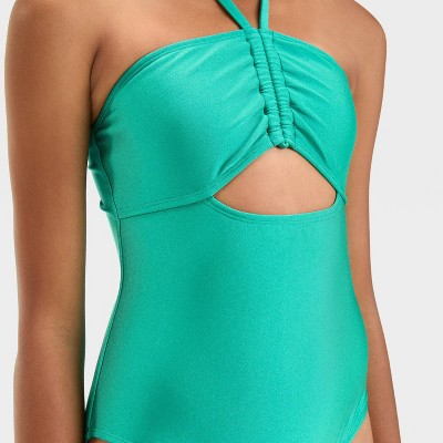 Art Class Girls' Shining Bright Solid One Piece Swimsuit - art class™ Green M: Halter Neck, UPF 50+ Protection — фото 3