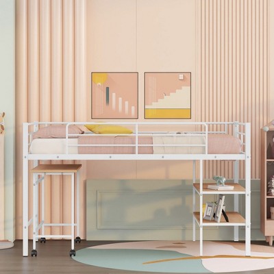 PAGED Simple Metal Loft Bed Bunk Bed with Desk, Twin Size Bed Frame with Storage Shelves, Ladder and Guardrail for Kids, Teens, Adults