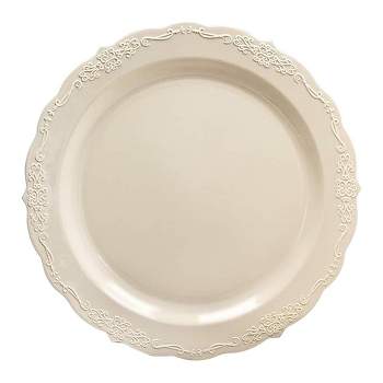 Smarty Had A Party 10" Ivory Vintage Round Disposable Plastic Dinner Plates (120 Plates)