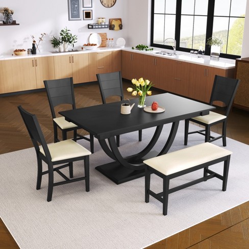 6 PCS Wood Dining Table Set with Half Round Base, Long Bench and 4 Dining  Chairs, Dark Gray-ModernLuxe