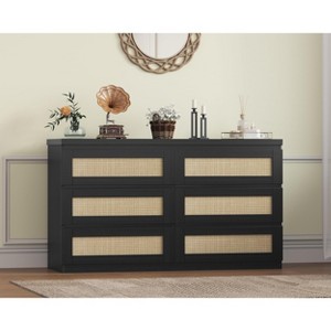 Modern Rattan 6-Drawer Dresser for Bedroom - Slim Wooden Chest of Drawers for Living Room and Entryway - 1 of 4
