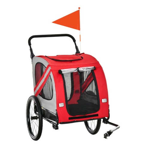 Aosom Dog Bike Trailer 2-in-1 Pet Stroller Cart Bicycle Wagon Cargo Carrier  Attachment for Travel with 4 Wheels Reflectors Flag Red