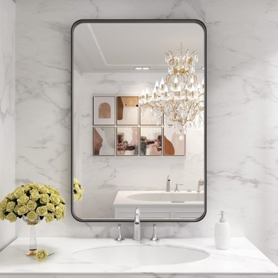 Vynxaria 28x36 Inch Black Aluminium Frame Bathroom Mirror - Clear Reflection & Durable Design