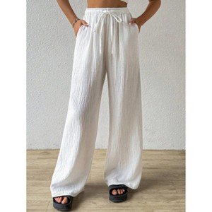 Womens Wide Leg Pants Elastic Waist Tie Front Casual Lounge Trousers - 1 of 4