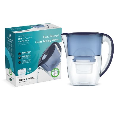 Aqua Optima 6-Cup Water Filter Pitcher Bundle, 1 Evolve+ Filter, Reduces Microplastics, BPA Free, WQA Certified, Oria Design (Blue)