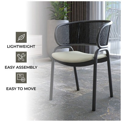 Modern Black Metal and Cane Arm Chair with Beige Upholstered Seat