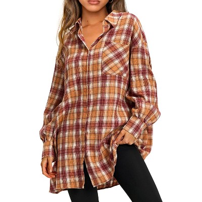 EXLURA Womens Plaid Flannel Shacket Long Sleeve Button Down Shirts Long Jackets Oversized Fall Fashion Outfits