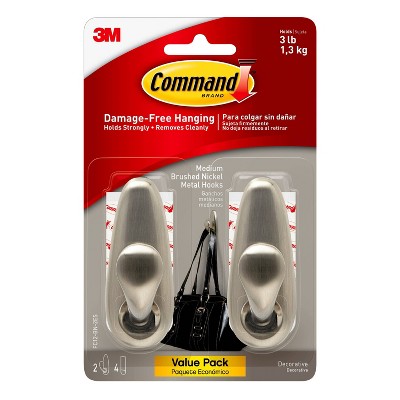 Command 2pk Medium Sized Forever Classic Decorative Hooks Brushed Nickel