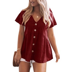 Imily Bela Womens Short Sleeve V Neck Button Down Babydoll Peplum Top Loose Casual Ruffle Hem - 1 of 3