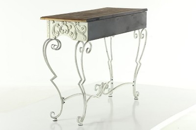 French Provincial White Metal Scroll Console Table with Fir Wood Top