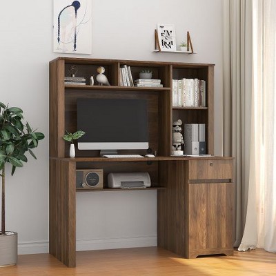 CENGHU Modern Home Office Desk with Lockable Drawer, 2 AC Outlets, 2 USB Ports, Computer Desk with Hutch & Bookshelf, Wood Executive Desk