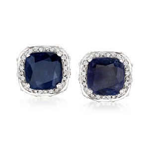 Ross-Simons 5.60 ct. t.w. Sapphire and .10 ct. t.w. White Topaz Double-Frame Stud Earrings in Sterling Silver - 1 of 4