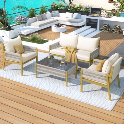 Lycvki 4-Piece Rope Patio Conversation Set with Glass Table and Cushion
