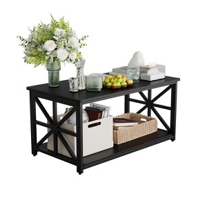 2-Tier Coffee Table, X-Frame Living Room Table with Storage Shelf for Small Spaces, Durable Rectangle Center Table for Farmhouse/Office/Bedroom - 1 of 4