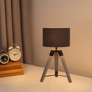 18" Industrial Wood Tripod Table Lamp with Linen Drum Shade and Metal Accents for Bedroom, Living Room, Study, or Hotel - 1 of 4