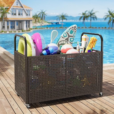 Poolside Rattan Storage Organizer, Outdoor Storage Bin with 2 Sides Handle, Pool Float Storage Holder with Mesh Rolling for Pool Noodles Balls