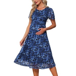 INSPIRE CHIC Women's Maternity Flowy Floral Dress Midi Photoshoot Formal Casual Pregnancy Dress 2026 Summer Medium Black Dress & Blue Flower