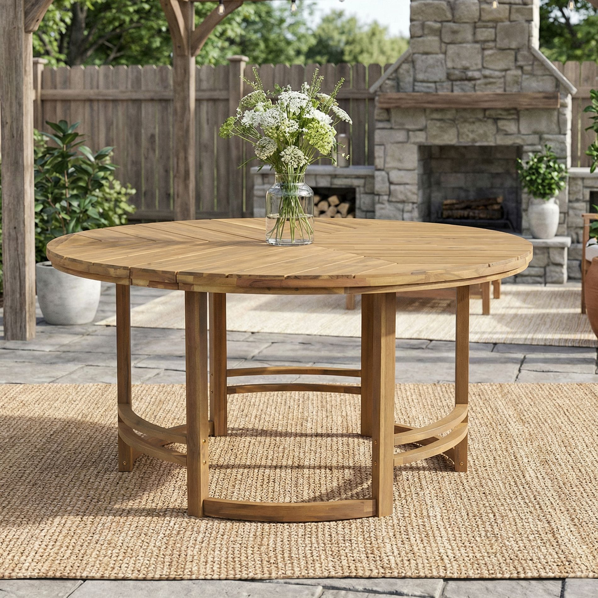 Outdoor Dining Table with Umbrella Hole, 59.1" Round Table for Patio, Backyard, Garden, Light Teak - ModernLuxe