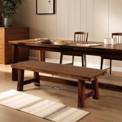 Royal Hampton Wooden Bench | Rustic Brown Mahogany Wood, Angled Legs | Turnbuckle Accents | 64"