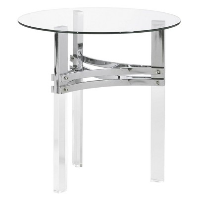 Round Glass Top End Table with Straight Acrylic Legs Clear/Chrome - Benzara