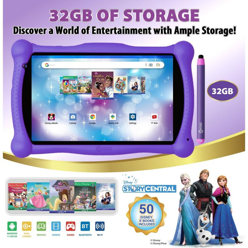 Contixo 7" Android Kids 32GB Tablet (2023 Model), Includes 50+ Disney Storybooks & Stickers, Protective Case with Kickstand & Stylus, 3 of 20