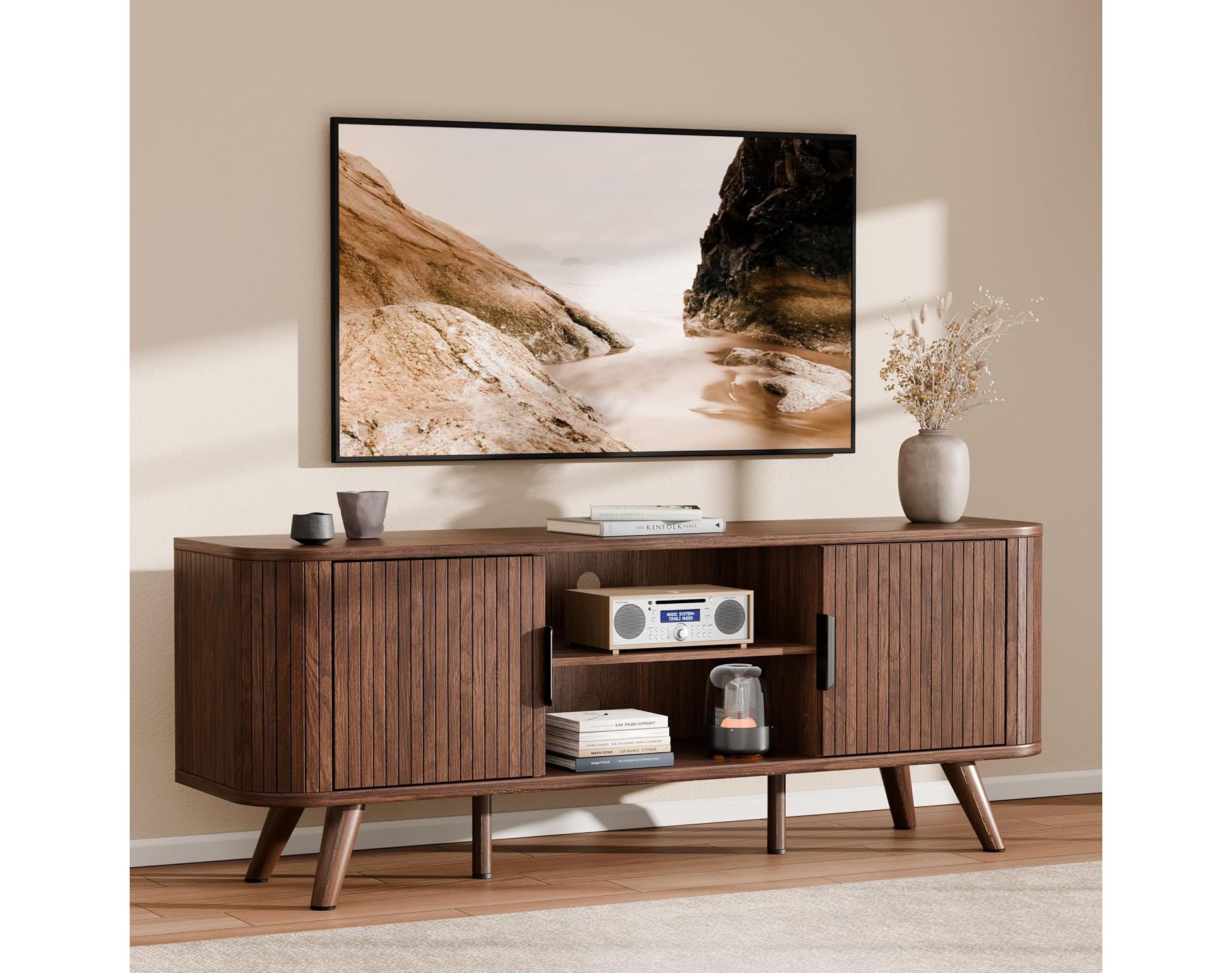 Qwatto Curved Edge TV Stand Walnut Finish Media Console for 65 Inch TV Modern Fluted Door Credenza with Storage Mid Century Living Room Furniture