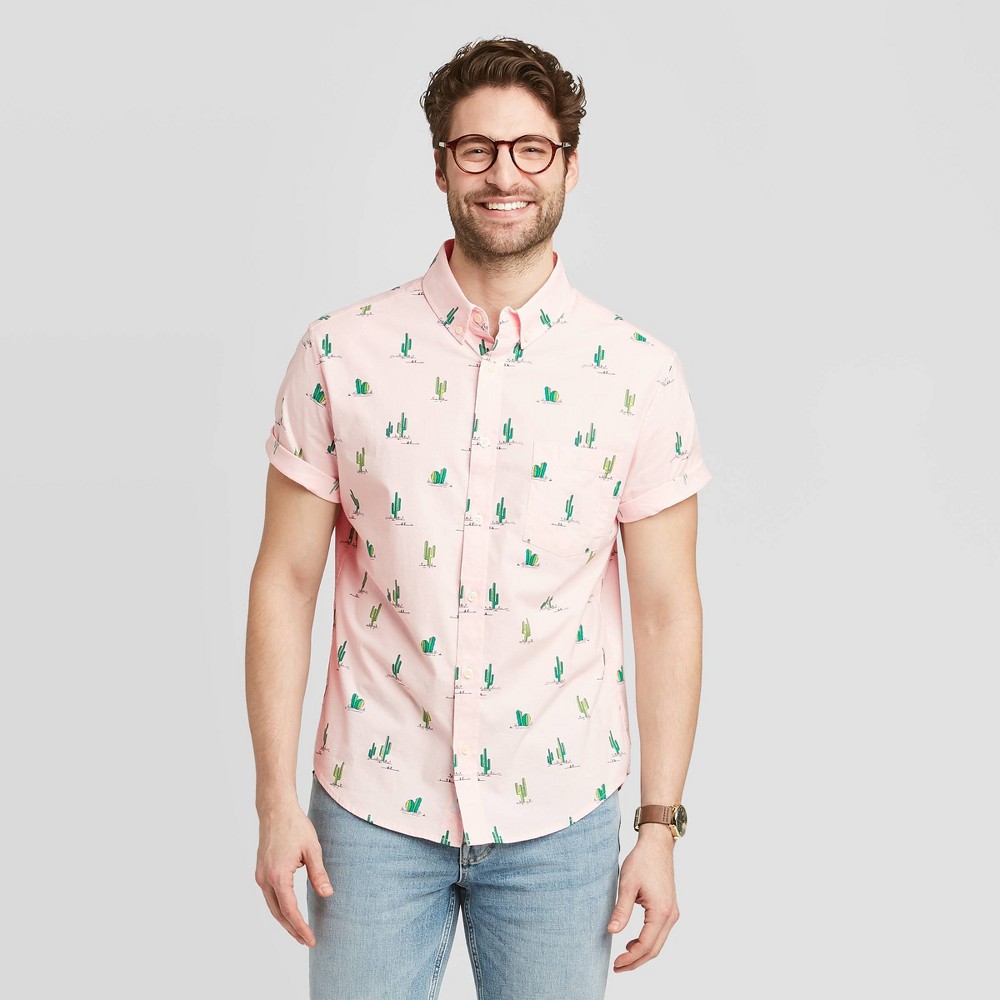 Men's Standard Fit Short Sleeve Button-Down Shirt - Goodfellow & Co Peach Pink M, Pink Pink was $19.99 now $12.0 (40.0% off)