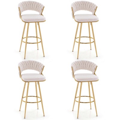 Costway 4 PCS Velvet Bar Stool  29" Bar Height Stools with Woven Backrest & Gold Metal Legs Grey/Beige