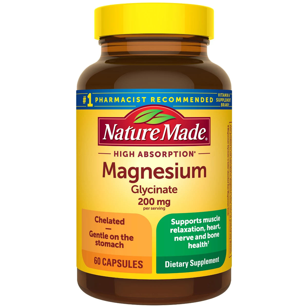 Nature Made High Absorption Magnesium Glycinate 200 mg per serving, Magnesium Supplement Capsules - 60ct