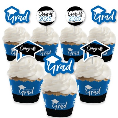 Big Dot of Happiness 2025 Blue Graduation Cupcake Decoration - Party Cupcake Wrappers and Treat Picks Kit - Set of 24