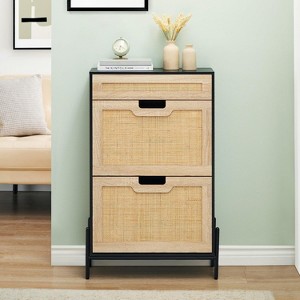 ODK Rattan Shoe Cabinet with 2 Flip Drawers + 1 Drawer, Narrow Oak Shoe Storage Organizer with Metal Legs, Freestanding Entryway Shoe Rack for Hallway - 1 of 4