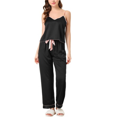 cheibear Women's Pajama Party Satin Silky Summer Camisole Cami Pants Sets  Black Large
