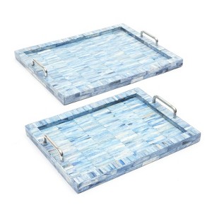 SEVOBAL Serving Platters 2 Set Handcrafted Checkered Serving Trays with Elegant Bone and Resin Set with Handles for Dining, Blue, 18"*11"*2.5" - 1 of 4