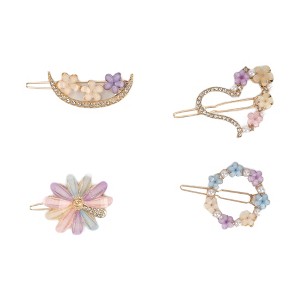 Unique Bargains Women's Fashion Grace Flowers Heart Hair Clips Gold Tone Purple Pink 4 Pcs - 1 of 3