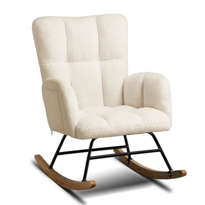 COMHOMA Modern Nursery Rocking Chair, Teddy Upholstered Glider Accent Chair with Side Pockets, High Backrest