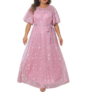 Women's Plus Size Mesh Decor Crew Neck Ruffled Short Sleeves Evening Wedding Guest Formal Party Maxi Dresses with Belt- Agnes Orinda - 1 of 4