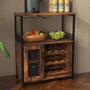 Wooden Wine Bar Cabinet for Small Spaces, Compact Drinks Storage with Adjustable Wine Racks & Glass Holder, Kitchen Sideboard for Flats - 1 of 4