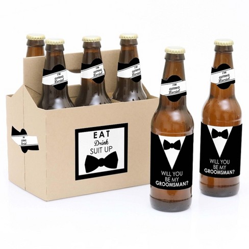 Big Dot of Happiness Suit Up - Will You Be My Groomsman Decorations for Men - 6 Beer Bottle Label Stickers and 1 Carrier - image 1 of 4