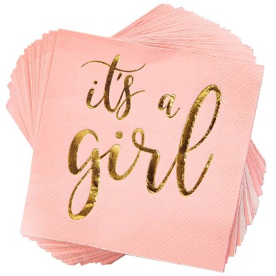 Sparkle and Bash 50x It's A Girl Pink Gold Baby Shower Disposable Beverage Party Napkins 5x5"