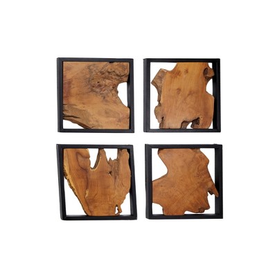 (Set of 4) 18"x 18" Abstract Art Live Edge Teak Wood Wall Decor Hangings - Olivia & May